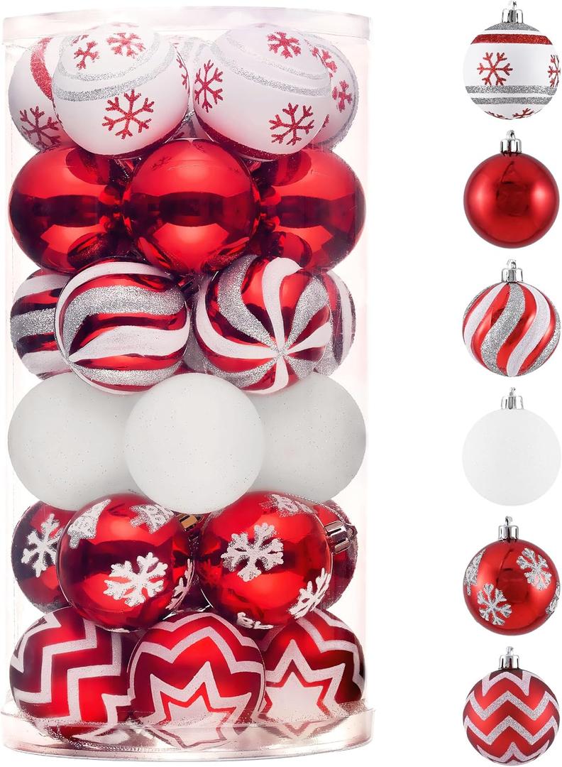 Valery Madelyn Christmas Ornaments Tree Decorations, 30ct Red and White Shatterproof Christmas Ball Ornaments Set, 2.36 Inch Hanging Ornament Bulk for Xmas Holiday Party Decor