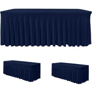 HolidayIdeas 4ft Spandex Tablecloth 2 Pack Fitted Stretch Table Skirts 24x48 Inch,Navy Blue Ruffle Design Wrinkle-Free Polyester Table Cover for Vendor Booth, Parties Banquets, Events