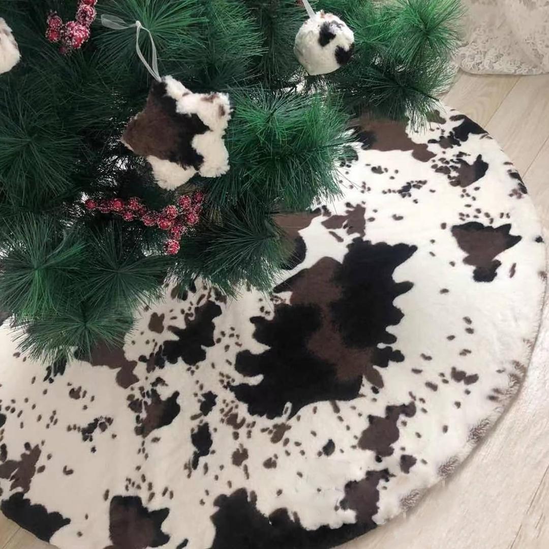 MandyQ Christmas Tree Skirt,30 Inches Cow Print Luxury Faux Fur Xmas Tree Mat for Christmas Holiday Decorations White and Black Cow/78