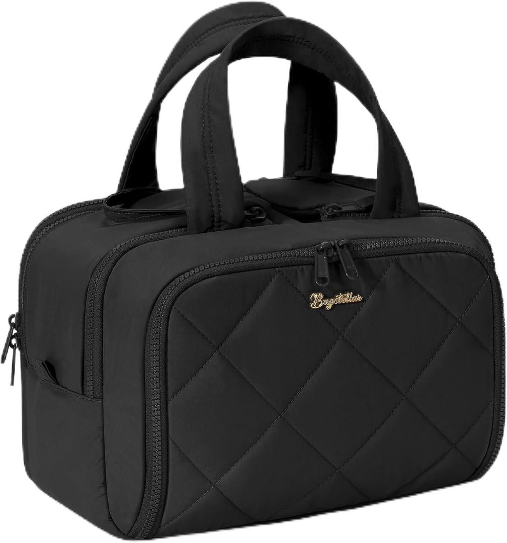 Travel Toiletry Bag, Large Wide-open Puffy Toiletry Bag for Women, Lightweight Quilted Makeup Bag Cosmetic Organizer with Handle Water-resistant Travel Essentials for Toiletries Accessories Black (EXP 11/01/29)