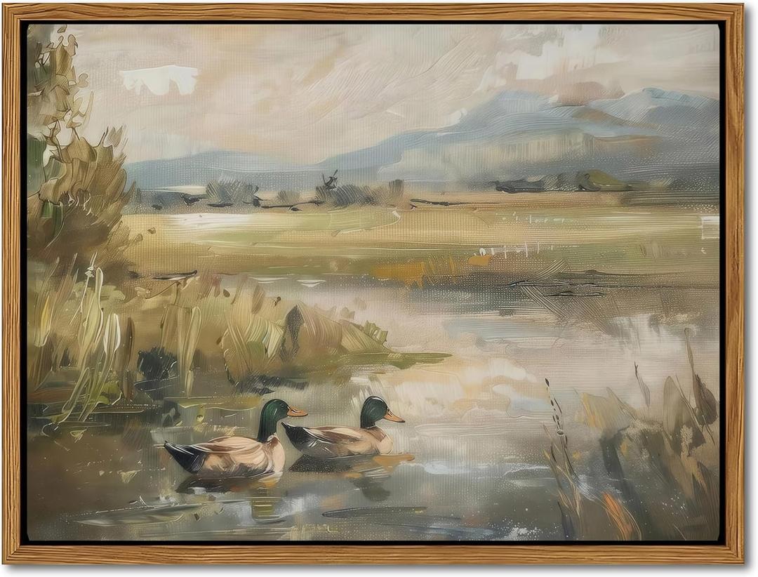 Floating Framed Canvas Wall Art, Vintage Mallard Duck Oil Paintings Print, Countryside Art Wildlife Nature Pond Wall Decor for Living Room, Bedroom, Office, Rustic Decor 16x24 inch (24L" x 16W")