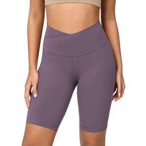 ODODOS Women's Crossover Yoga Shorts with Back Pocket, 8" Buttery Soft V High Waist Lounge Biker Shorts, Ash Violet, (Purple, XS)