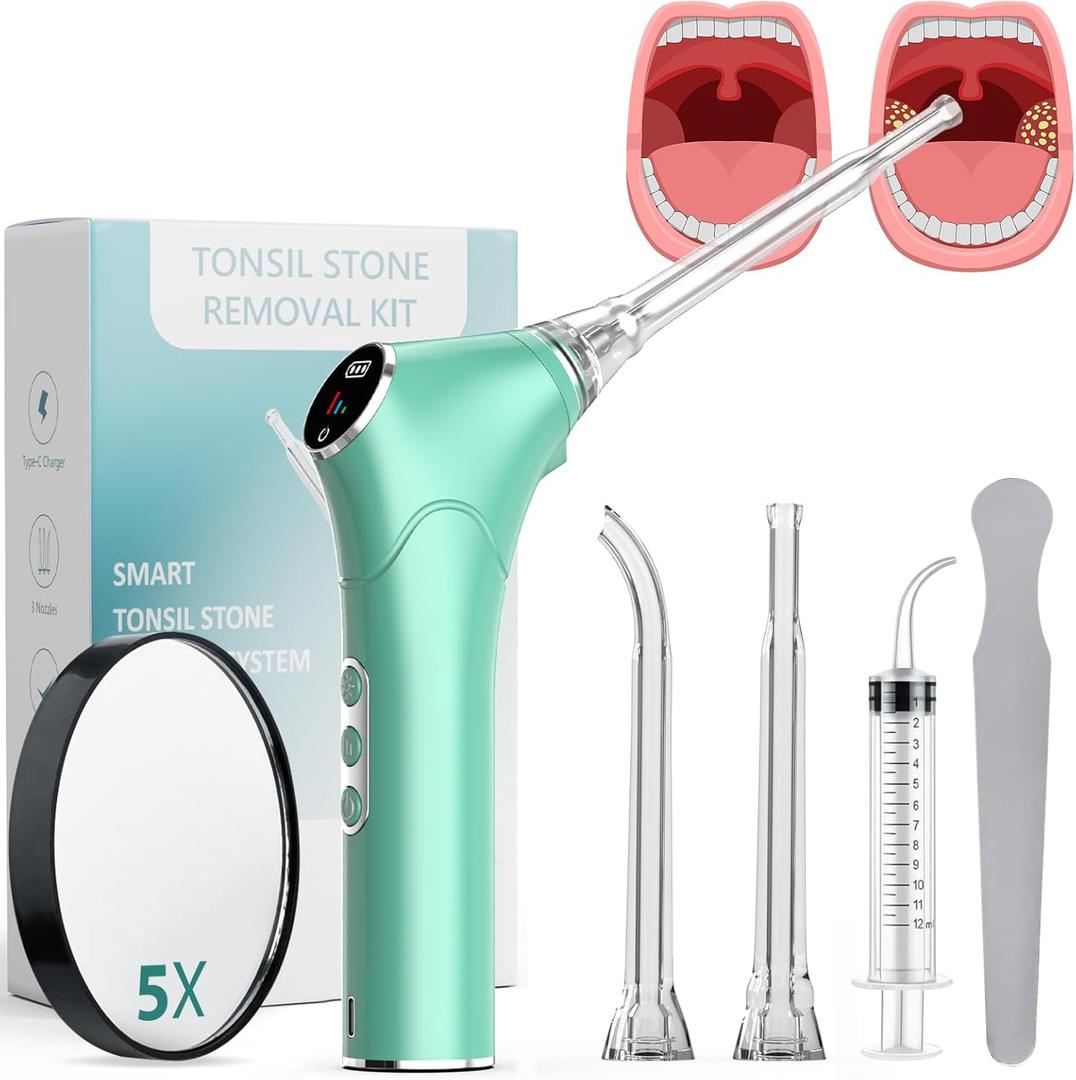 Electronic Vacuum Tonsil Stone Removal Kit - Tonsil Stone Remover with Built-in LED Light 3 Suction Mode - Fight Bad Breath Oral Irrigator 5X Magnifying Mirror for Stone Removal (Green)