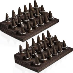 Juexica 2 Pcs Wooden Ring Display Ring Holder Display Stand for Jewelry Wood Jewelry Counter Showcase 3 Step Rings Organizer for 18 Rings Storage Selling(Gray Black)