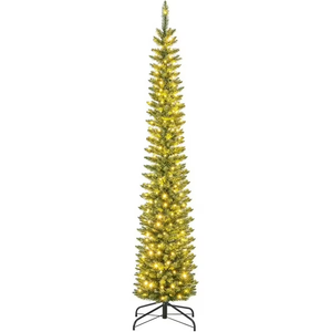 GOFLAME 7FT Pre-Lit Pencil Christmas Tree, Slim Artificial Xmas Tree with Folding Metal Stand, 499 Branch Tips, 200 Warm LED Lights, Space-Saving Holiday Decoration Xmas Tree for Home, Office, School