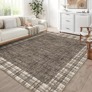 GarveeHome Rugs for Living Room 5x7 Machine Washable Area Rug Modern Plaid Rugs Large Rug Non Slip Low Pile Soft Carpet Indoor Floor Cover for Bedroom, Brown