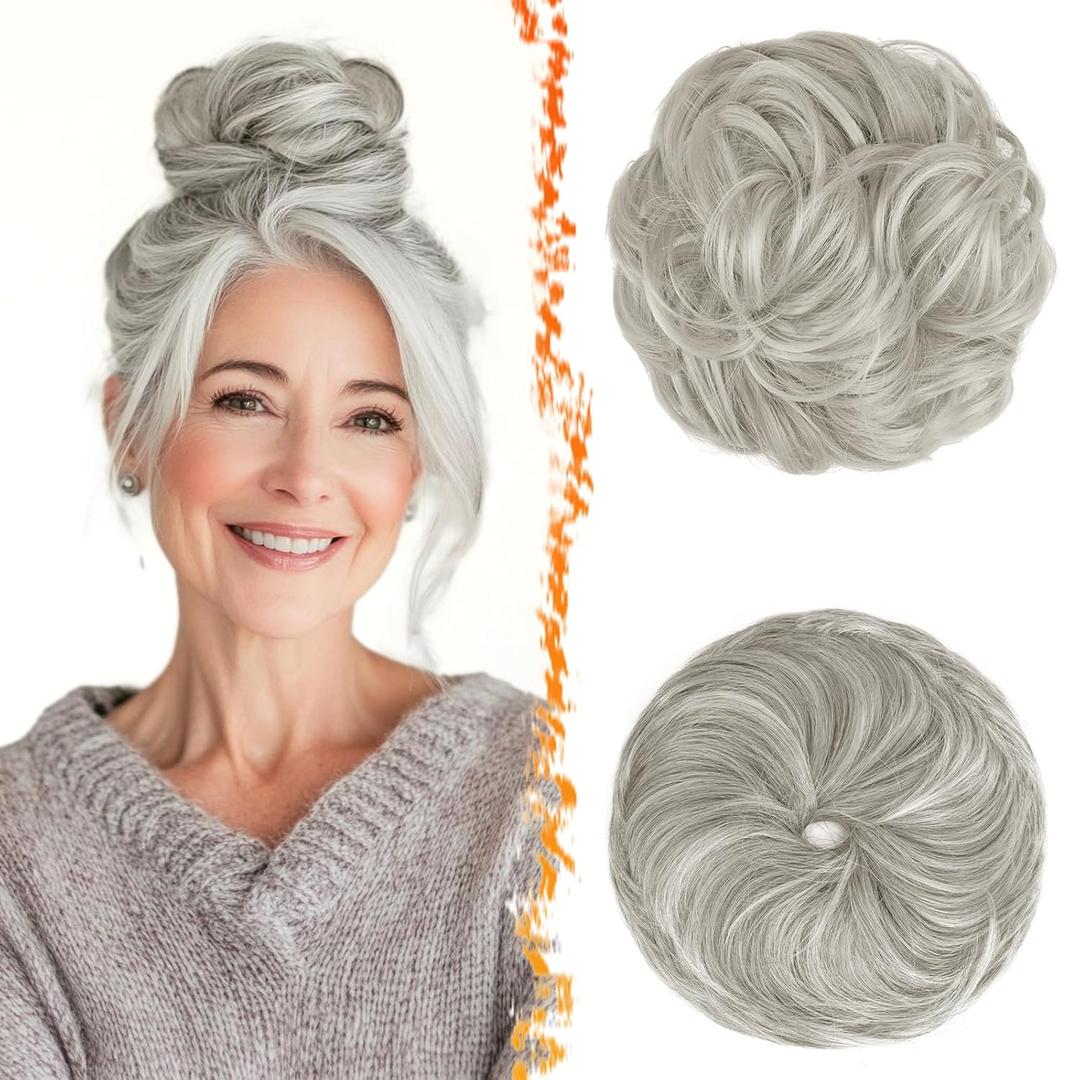 BARSDAR 2 PCS Grey Messy Bun Hair Pieces - Elastic Gray Messy Bun Scrunchies for Women - Soft Synthetic Thick Fluffy Salt and Pepper Donut Updo Light Grey Chignons Hairpieces Hair Extensions Daily