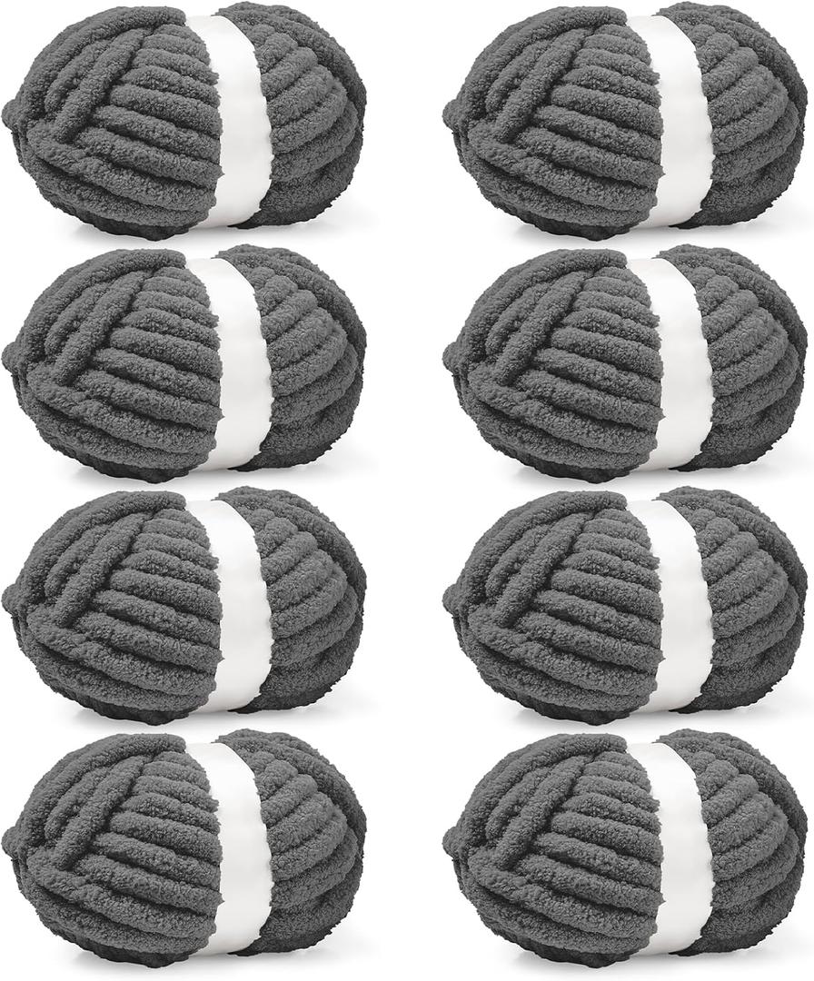 Inhand 8 Pack Chunky Chenille Yarn for Crocheting30.6 Yards, 7.7oz, Soft Fluffy Thick Yarn,Gifts for Men/Women Birthday Christmas Unique,Hand Knitting for Blankets&DIY Crafts (Charcoal Gray)