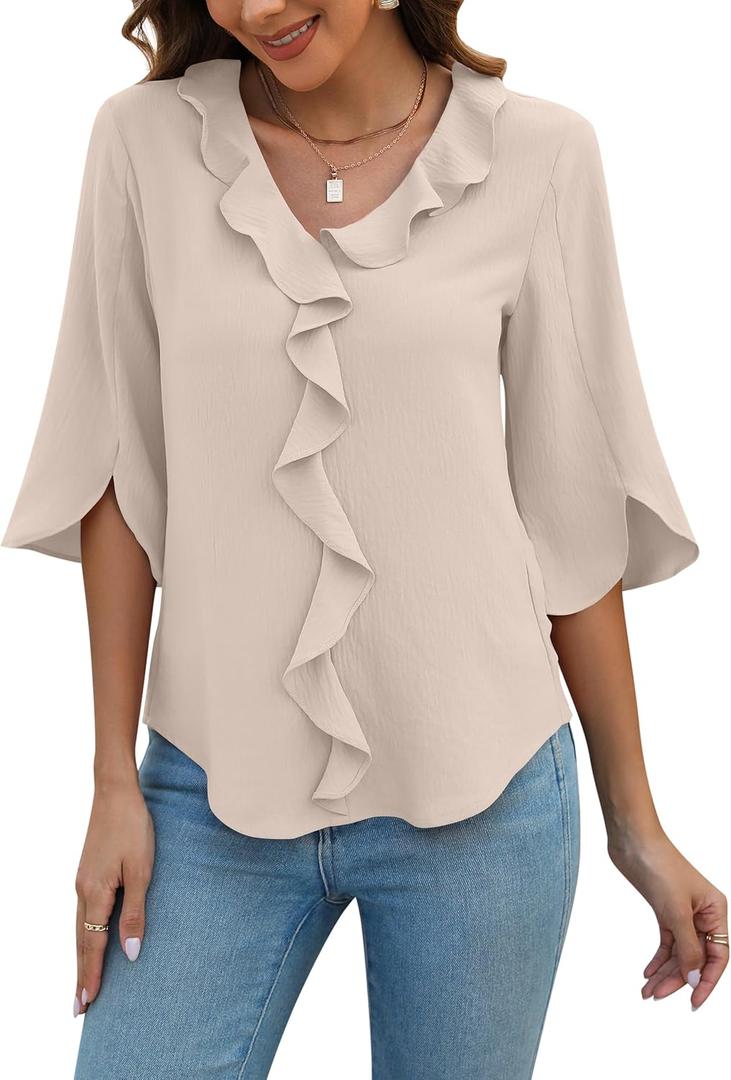 Blooming Jelly Womens Dressy Casual Blouses 3/4 Sleeve V Neck Ruffle Tops Business Ladies Summer Trendy Fashion Work Shirt (Large, Apricot)