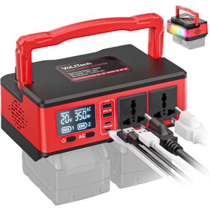 350W Power Inverter Compatible with Milwaukee: VoLtTech Portable Battery Adapter Phone Charger DC 18V to AC 110V Camping Essentials with 2 USB-A & 2 Type-C & 2 AC & 7 Colors RGB Light (No Battery)