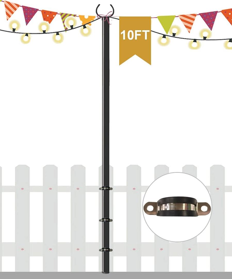 10 FT Outdoor String Light Pole Stand for Deck Fence or Patio Railing, Adjustable Globe Patio Light Post for Hanging Outside Decorate Lighting, 1 Pack