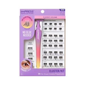 KISS imPRESS Falsies Self Adhesive Eyelashes, Press On Lashes, 12mm14mm Glam Volume Lashes, Black, No Glue Needed, Invisible Band, 36 Lash Clusters & NonStick Applicator  Voluminous