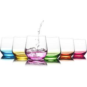 Stemless Wine Glasses Set of 6 - Hand Blown Colored Short Wine Tumblers - 15 oz Elegant Sparkling Wine Glass - Unique Gift for Birthday, Wedding, Mothers Day