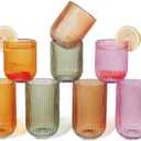 Set of 8 Dopamine-colored-match Ribbed Glassware,4 Highball Glasses 14oz & 4 Rocks Drinking Glasses 9oz, Origami Style, Fluted Design, for Daily use, Water, Cocktail, Whiskey, Kitchen, Gift