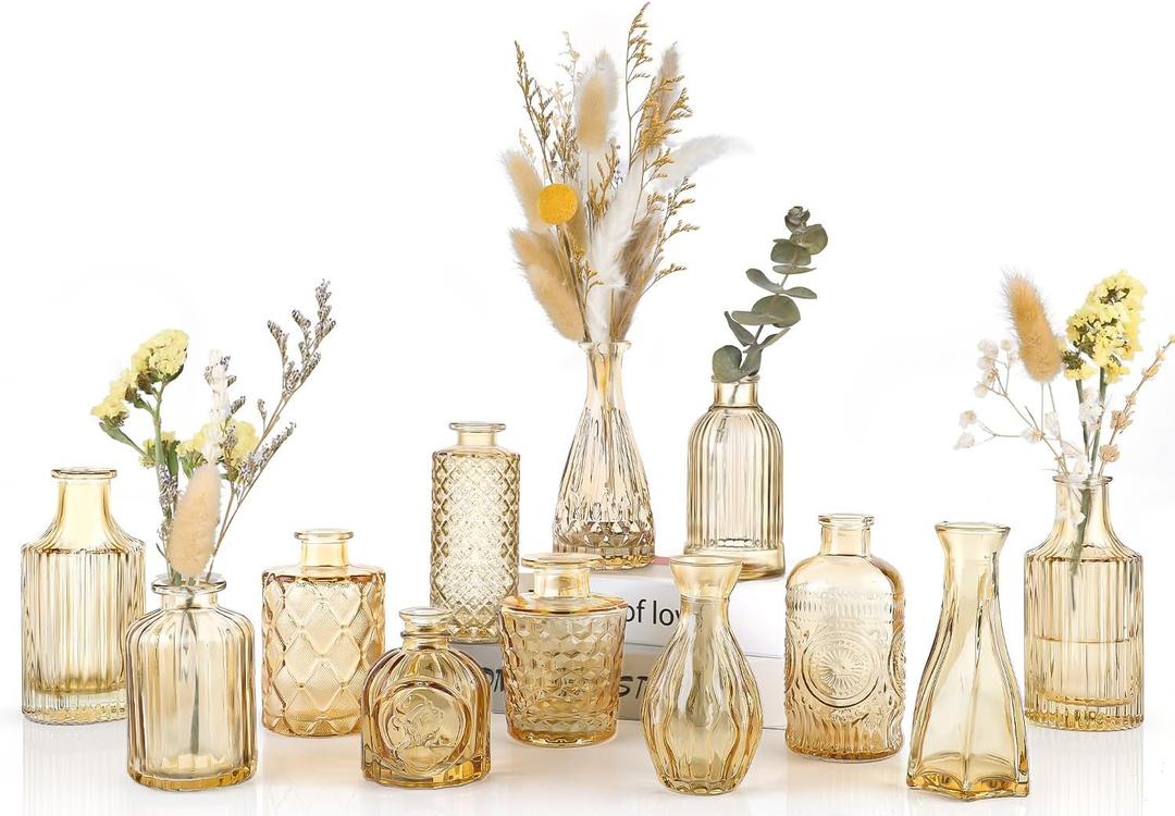 UPBUD Amber Glass Bud Vases Set of 12, Gold Mini Flower Vase for Centerpieces, Small Vases in Bulk for Wedding Decorations, Vintage Vase for Table, Reception, Home Decor