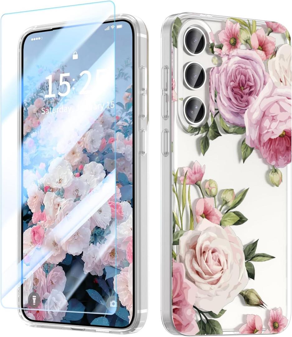 MILPROX Flower Case for Samsung Galaxy S24, with Screen Protector Cute Floral Design for Girls and Women, Protective Shockproof Phone Cover for Samsung Galaxy S24 6.1-Inch (Peony)