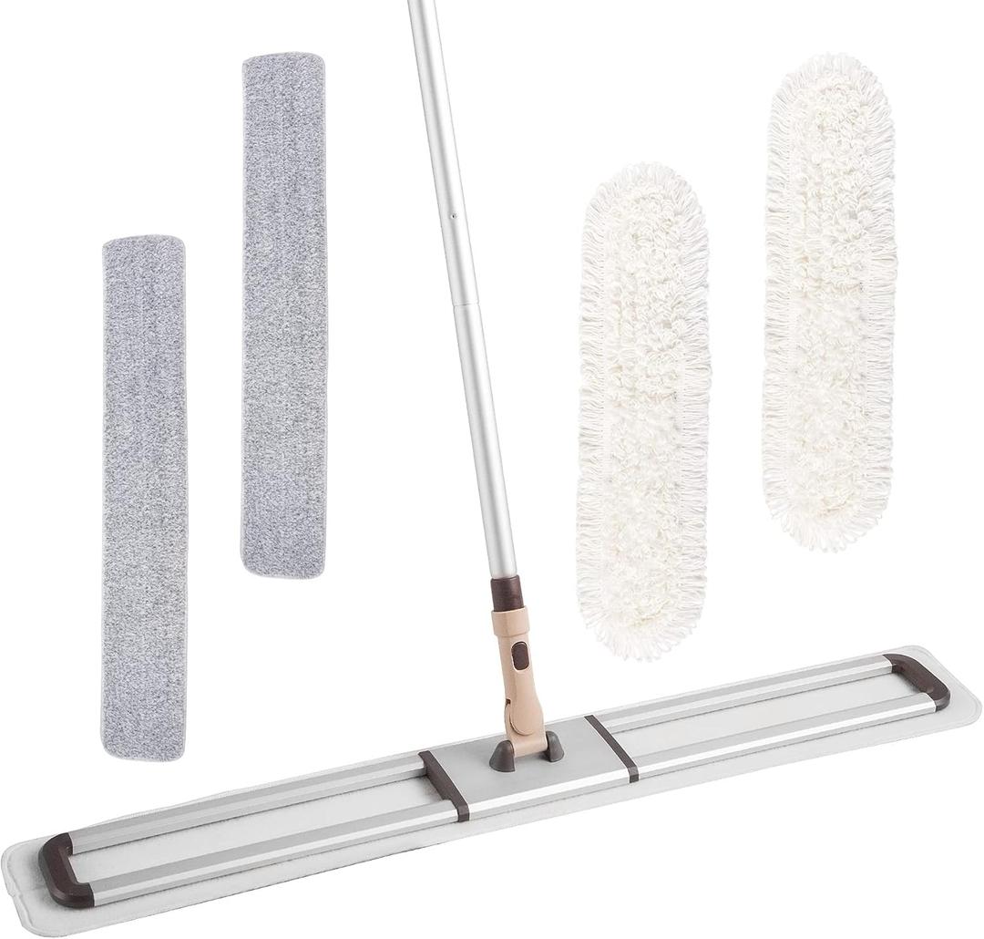 Eyliden Professional 36" Commercial Large Dust Mop | 2 Cotton Cloths & 2 Microfiber Pads, No Rust - Aluminum Head, 60" Telescopic Handle, Sweeper Broom Industrial Mops for Floor Cleaning (White, 36")