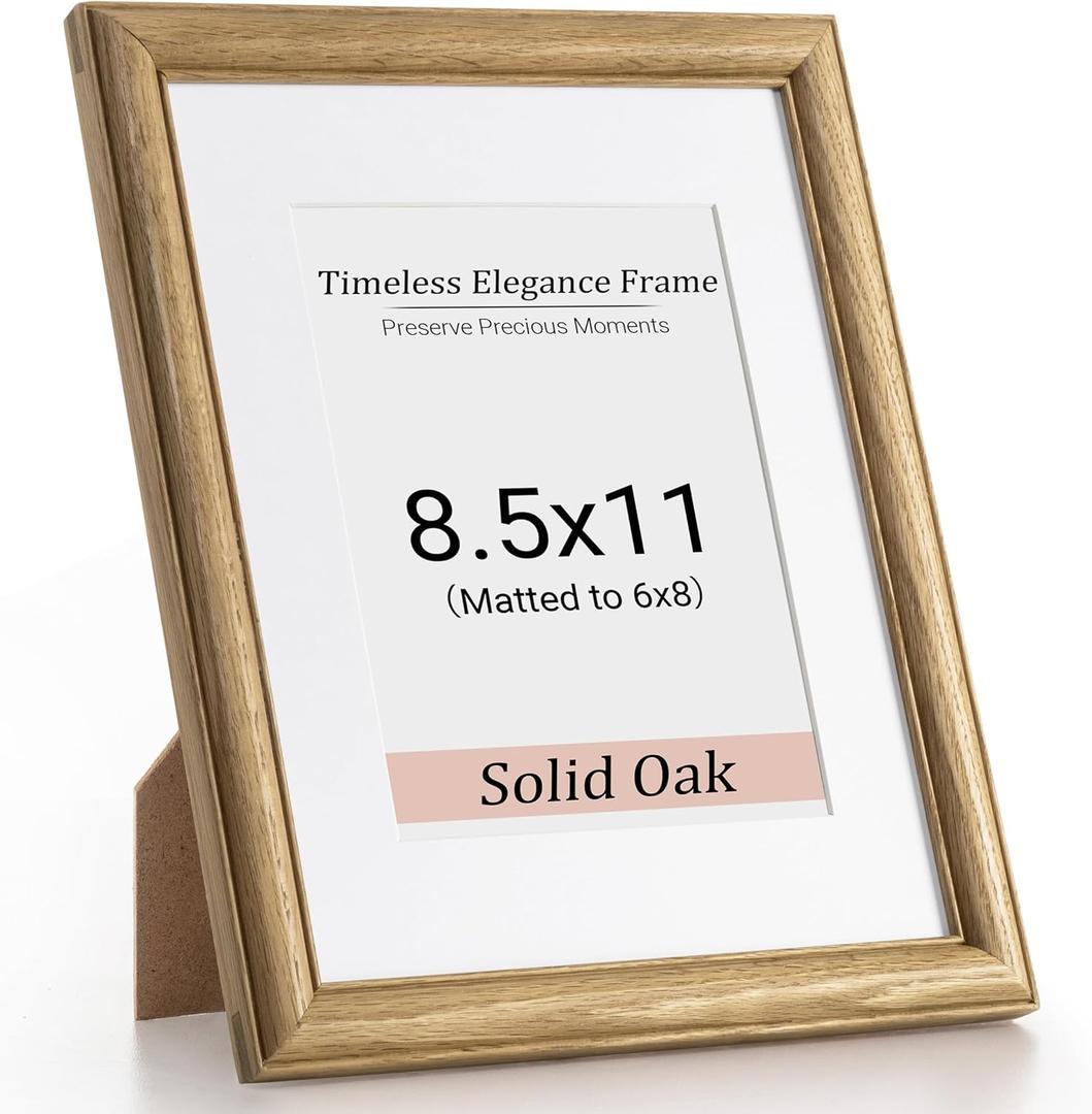 8.5x11 Picture Frame,8.5 x 11 Solid White Oak Photo Frame Matted to 6x8 with Tempered Glass,8.5"x11" Handcrafted Diploma Document Frames Frame Vertical or Horizontal Wall Hanging Display,1 Pack (USA-Sourced White Oak Wood)