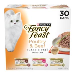 Fancy Feast Poultry and Beef Feast Classic Pate Collection Grain Free Wet Cat Food Variety Pack - (Pack of 30) 3 oz. Cans Best By Jan 2028
