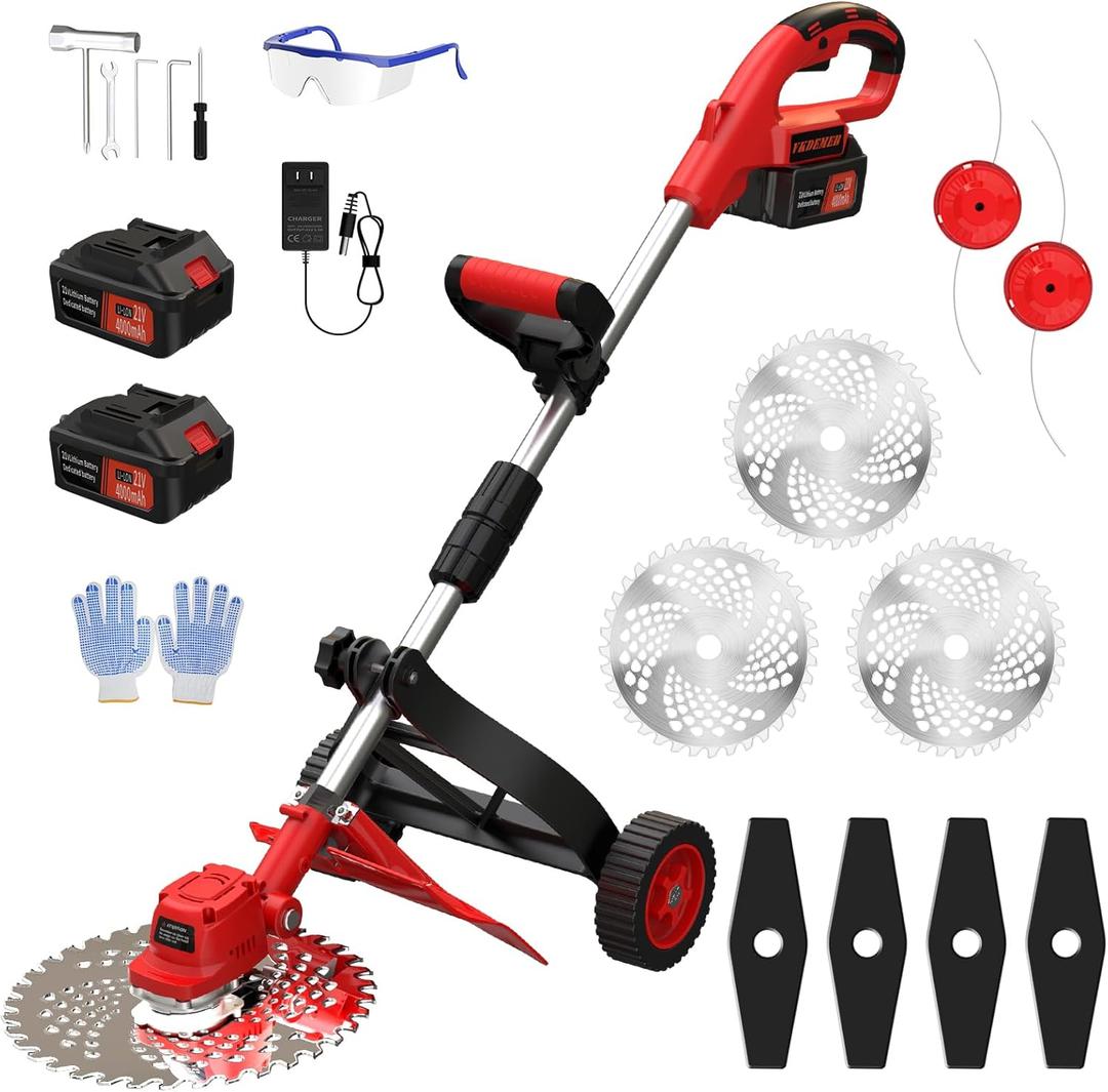 Cordless Weed Wacker, 9-inch Electric Weed Wacker Battery Powered with 2 Pcs 4.0Ah Batteries, 3 in 1 Wheeled Grass Lawn Trimmer/Brush Cutter,3 Types Blades Lightweight Edger Trimmer for Yard Care