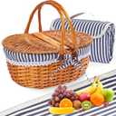 Wicker Picnic Basket with Handle, 15" Large Picnic Basket with Lid & Removable Liner, Vintage Hand Woven Basket with Blanket for Picnics, Camping, Thanksgiving, and Birthday (3-person, Grey-white Stripes)
