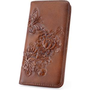 Wallet Women Ultra Slim Thin Rfid 3D Embossed Vegan Leather Womens Wallet Clutch Long Ladies Wallet (02-Red-Brown)