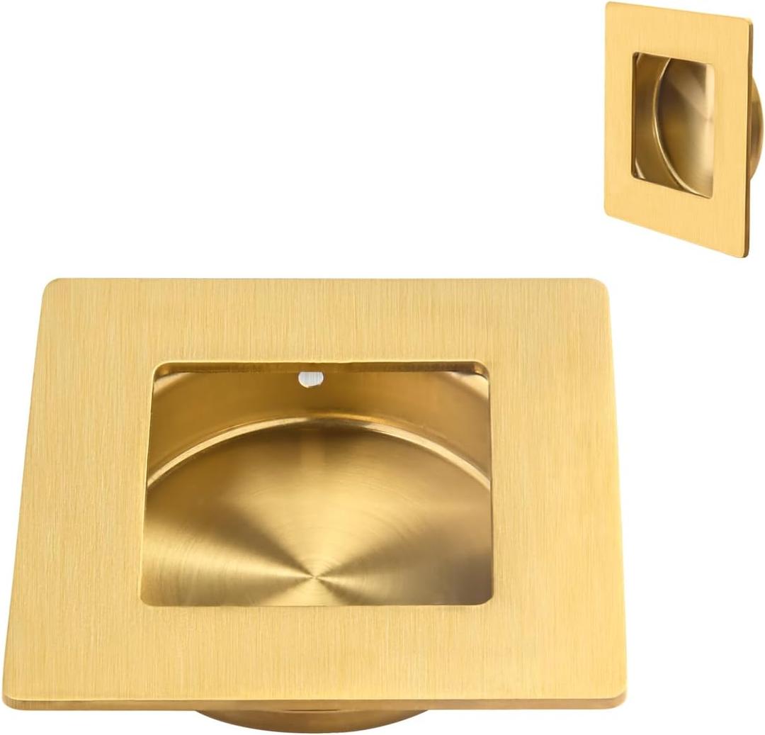 Homotek Recessed Sliding Closet Door Finger Pulls, 2-3/4 Inch Square, 2-1/8 Inch Diameter, Stainless Steel, Flush Handles for Pocket, Bypass, Barn Door Drawer Pulls (Brushed Gold, 2 Pack)