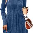 OFEEFAN Long Sleeve Sweater Dress Fall Dresses 2025 V Neck Empire Waist Baby Doll Dresses Women Casual Dress with Pockets (X-Large, Blue)