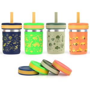 Sursip Toddler Kids Cups with Lids and Straws, Stainless Steel Toddler Spill Proof Sippy Cups for Smoothie & Snacks Drinking Jars, BPA-Free, Dishwasher Safe - 15 oz (4 Pack-Galactic Sky/Dino/Underwater Wonderland/Machines)