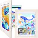 KINLINK 9x12 Kids Art Frames Set of 2, Solid Wood Kids Artwork Frames Changeable with Acrylic Front Opening Holds 150 Pictures, Art Frames for Kids Artwork with Mat or without Mat, White Wood