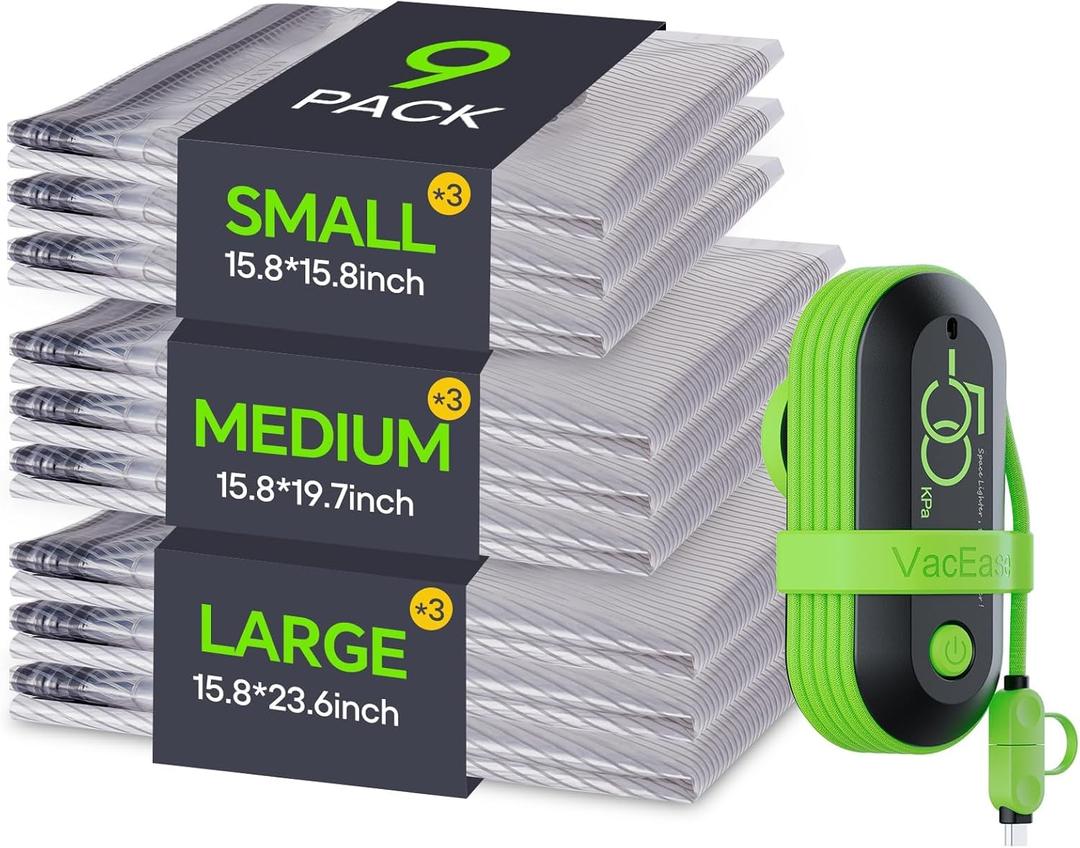 Vacbird 9 Pack Travel Vacuum Storage Bags with USB Electric Pump, Carry-on Size Space Saver Bags for Clothes and Clothing TravelCompression Packing for Luggage and Suitcase