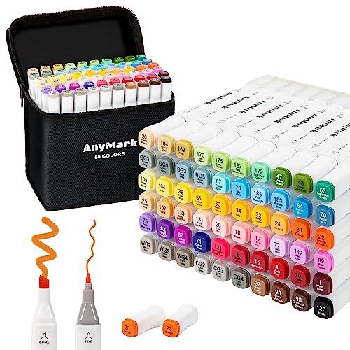AnyMark Alcohol Markers, 60 Colors Dual Tip Art Coloring Markers Set for Kids Adult Book Drawing Sketching Painting, Chisel & Fine, White Penholder