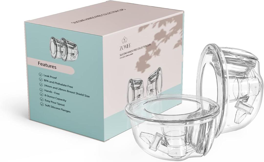Zomee Wearable Two Silicone Hands Free Collection Cups, Holds up to 8 oz., 19mm 21mm and 24mm Soft Silicone Breast Shield Included, BPA and Phthalate Free