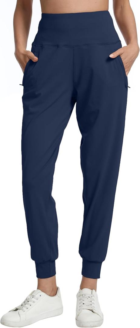 Rrosseyz Joggers for Women with Zipper Pockets Lightweight High Waisted Athletic Pants for Travel Lounge Workout (Small, Navy Blue)