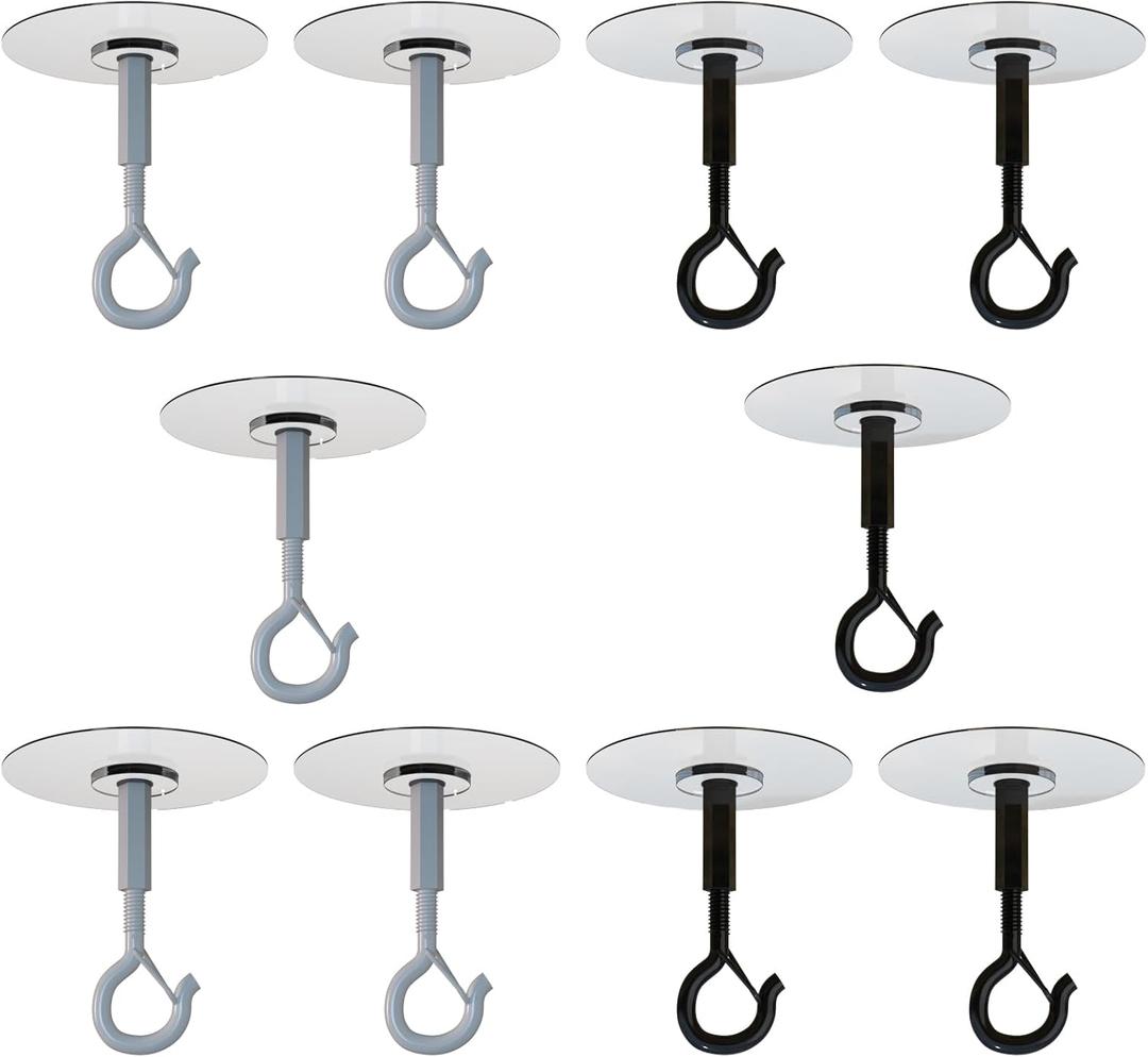 No Hole No Drilling Adhesive Ceiling Hooks for Hanging Plants Lights Wind Chimes Lantern, Sticky J Hooks Eye Hook for Hanging Indoor Outdoor (Black+White_Round_2.4", 10)