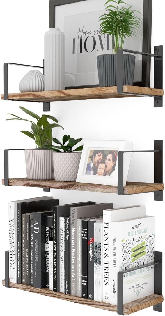 Wallniture Toledo Floating Shelves for Living Room Decor, Floating Bookshelf Set of 3, Burned Finish Rustic Wood Wall Shelves