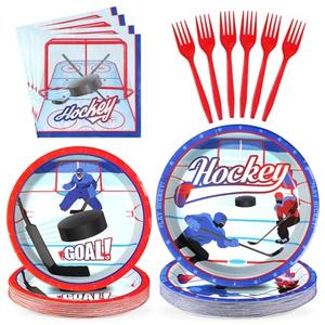 Grencian 96Pcs Hockey Birthday Party Supplies 350 GSM Ice Hockey Paper Plates and Napkins Tableware Sets for Boys Kid's Fans Gameday Sports Theme Party Decorations Favors Servers 24