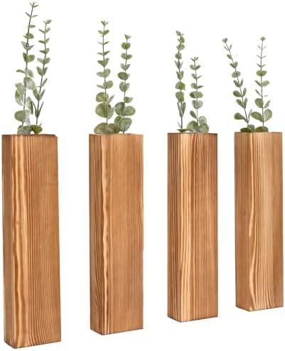 SwallowLiving 4-Pack Wood Wall Planters with 16 Removable Faux Artificial Eucalyptus Stems, Boho Farmhouse Wall Decor for Living Room, Bedroom, Bathroom and Office