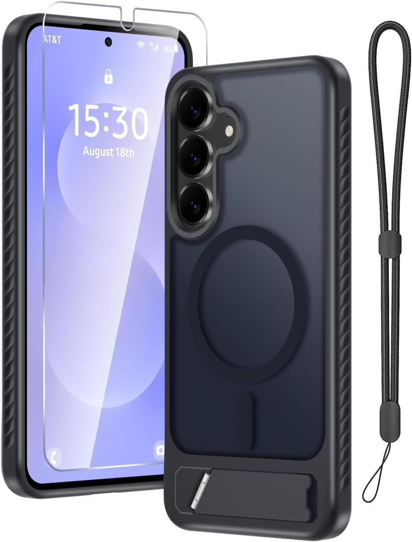 for Samsung Galaxy S25 FE Case with Screen Protector+Lanyard Wrist Strap,Magnetic Translucent Matte Rugged Slim Phone Cover Built in Invisible Kickstand [Fit for MagSafe],2025 Black