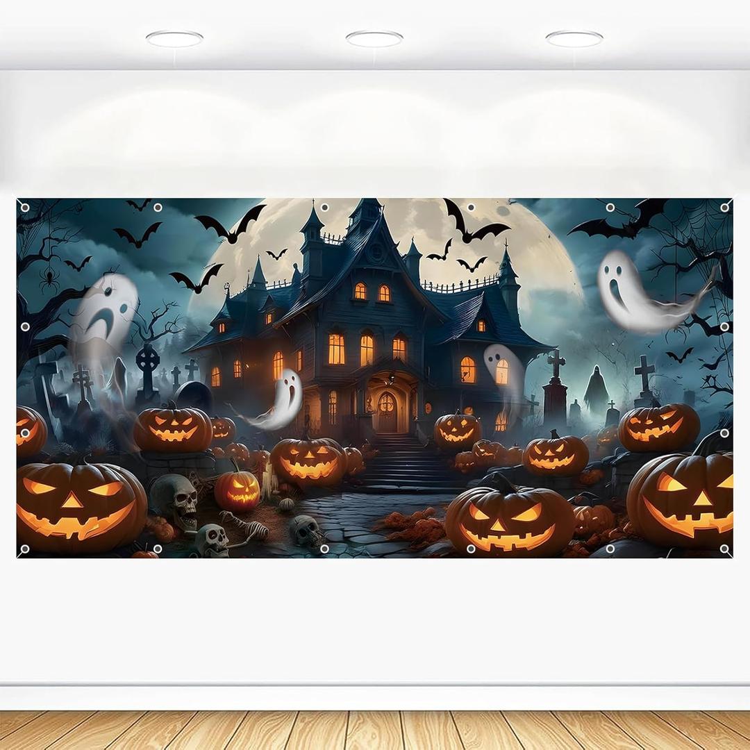 Halloween Backdrop 20x10ft Large Cemetery Graveyard Haunted House Skull Pumpkin Lantern Photo Background Scary Moon Night Bat Ghost Banner Decorations Photoshoot Fabric Photo Props