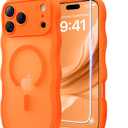 3 in 1 Magnetic for iPhone 17 Pro Case, 1X Screen Protector+1X Wrist Strap, Cute Wavy[Full Camera Protection] [Fit for MagSafe], Trendy Matte Women Girly Case for iPhone 17 Pro 6.3", Cosmic Orange