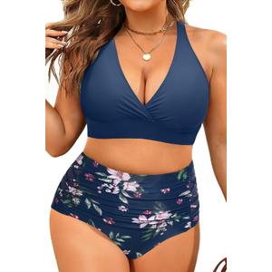 Yonique Women's Plus Size Bikini High Waisted Swimsuits Two Piece Bathing Suits Tummy Control Swimwear (Blue Flower, 14 Plus)