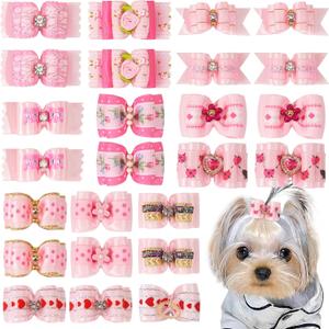 Yxiang 24PCS Dog Hair Bows, Pink Cute Dog Hair Bows Yorkie Puppy Bows with Rubber Band Pet Grooming Bows Colored Polka Dot Dog Hair Accessories for Small Dogs