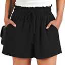 Linen Shorts for Women Summer Drawstring Wide Leg High Waist Shorts (Black, M)