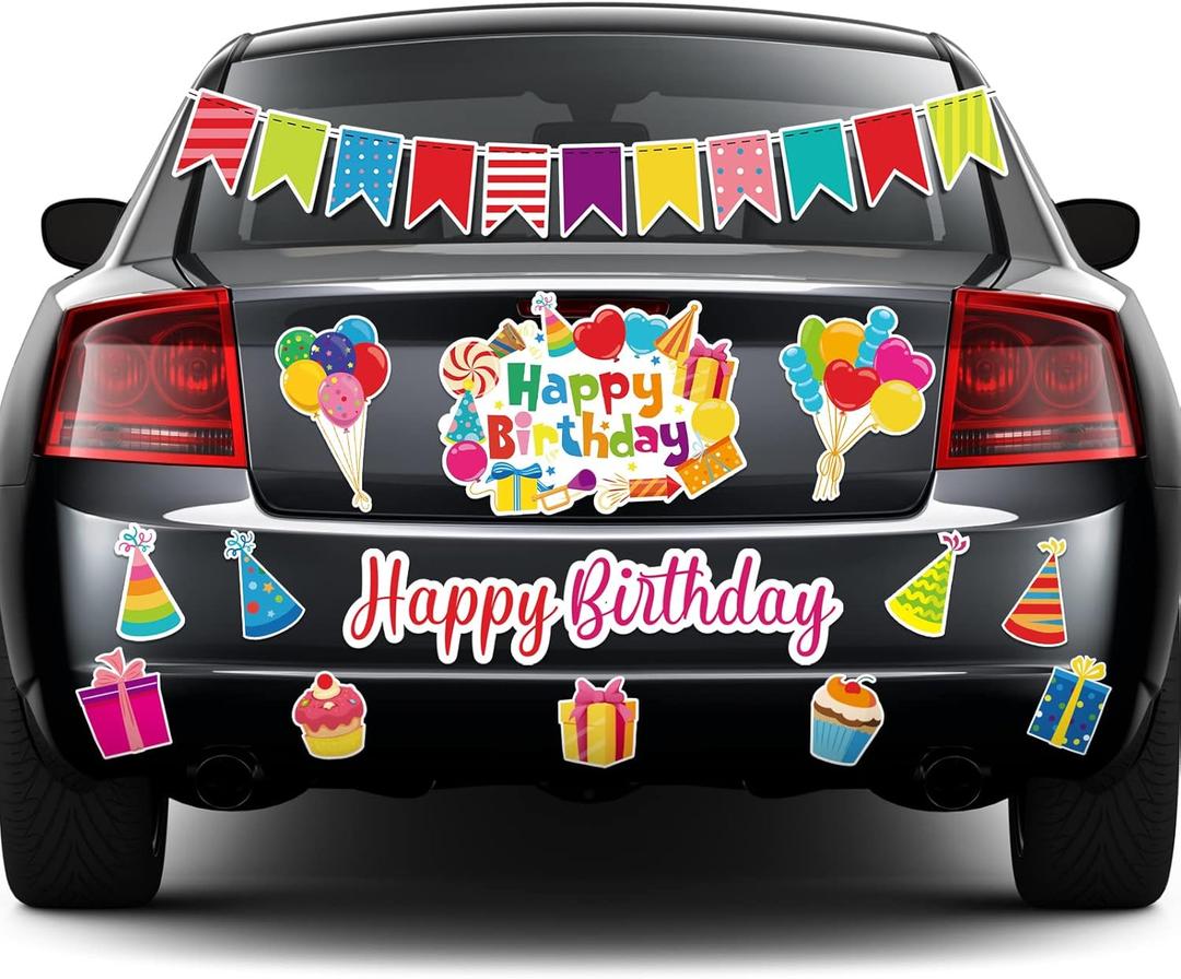 14 Pcs Birthday Car Decorations Door Decorations Birthday Banners Reflective Magnet Stickers Balloon Box Colorful Magnets for Car Refrigerator Door Metal Surface(Cake)