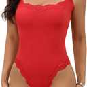 Starrylion Lace Body Suit Square Neck Tops for Women Sleeveless Spaghetti Strap Tank Top Bodysuits for Women Sexy Jumpsuit (Red, XL)