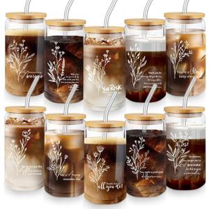 Blushtier Employee Appreciation Gifts Bulk Nurse Inspirational Thank You Gifts 16 oz Glass Cups with Lids Straws Favors for Graduation Teacher Employee Coworker Staff(Thanks,10 Pcs)