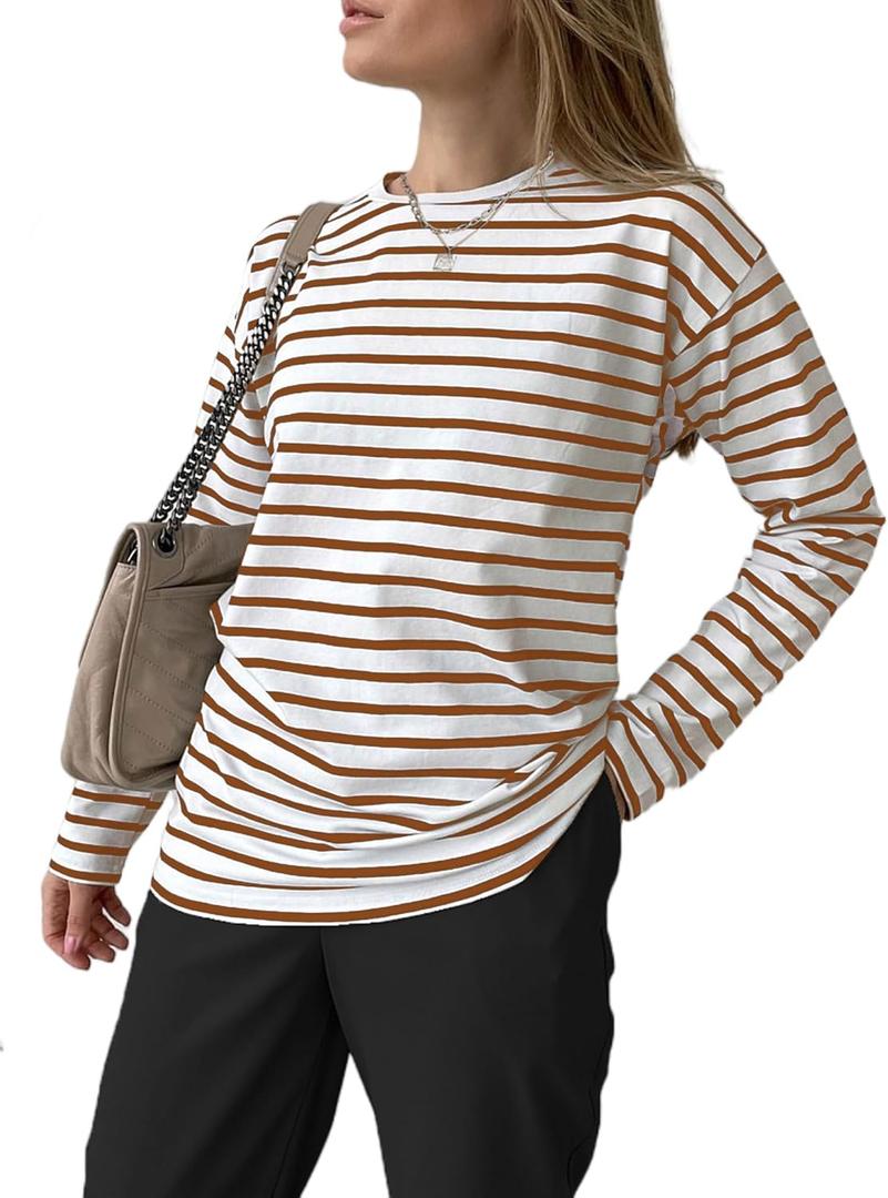 LilyCoco Women's Striped Long Sleeve Shirts Drop Shoulder Tunic Tops Loose Fit White Medium