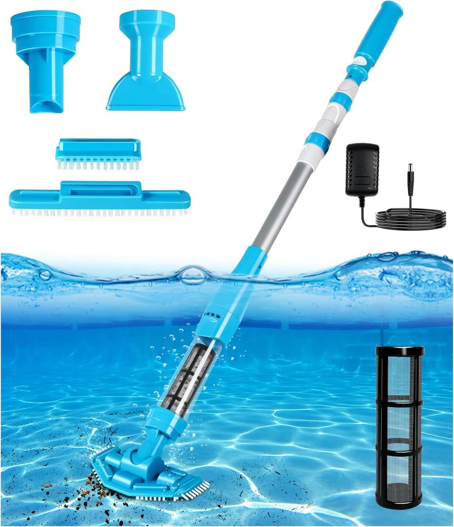 4-in-1 Handheld Pool Vacuum Cordless, 4000mAh Rechargeable Hot Tub Vacuum Spa with Telescopic Pole, Above Ground Pool Vacuum Cleaner, Suction Improved 30% Spa Wand Deep Cleaning for Debris (Blue)