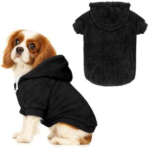Dog Sweaters,Dog Hoodie,Warm Fuzzy Fleece Sweatshirt with Hood & Pocket,Leash Hole,Cozy Cold Weather Pet Clothes Pet Sweater for Small,Medium,and Large Dogs(Black,M) (M: 8-13lbs)